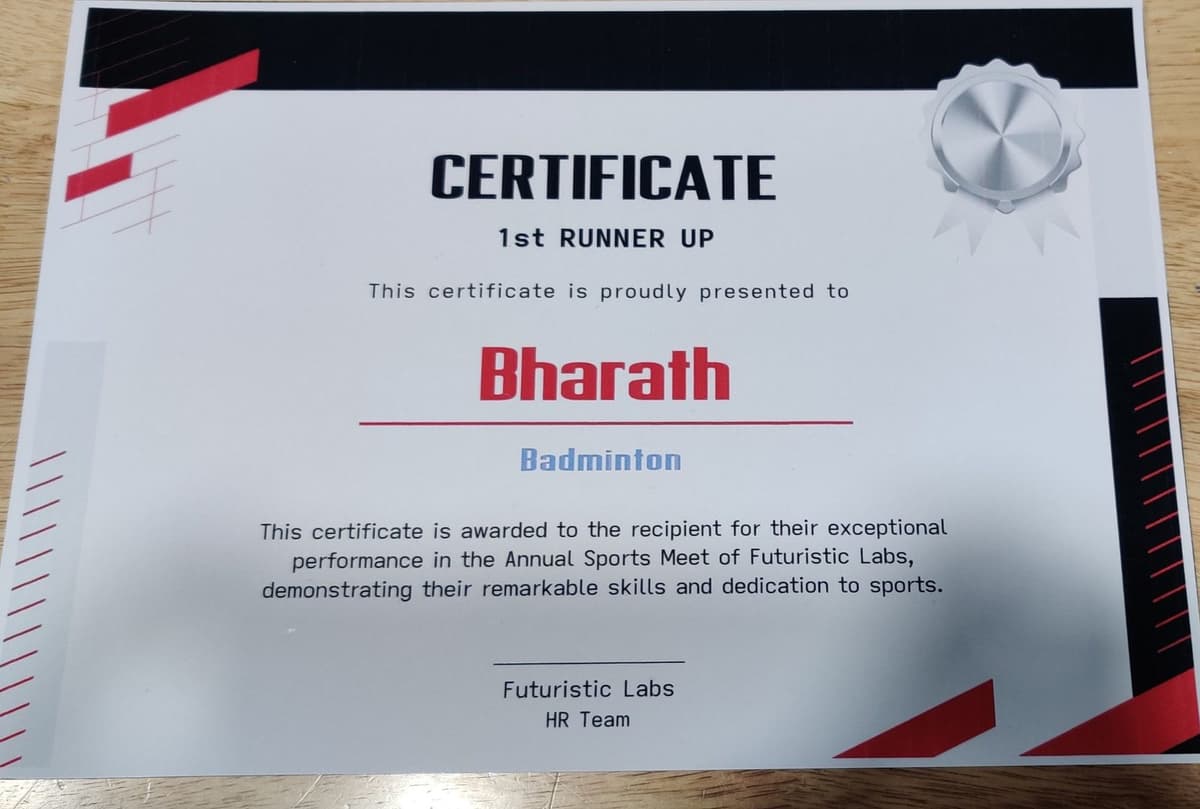 Badminton runner-up certificate