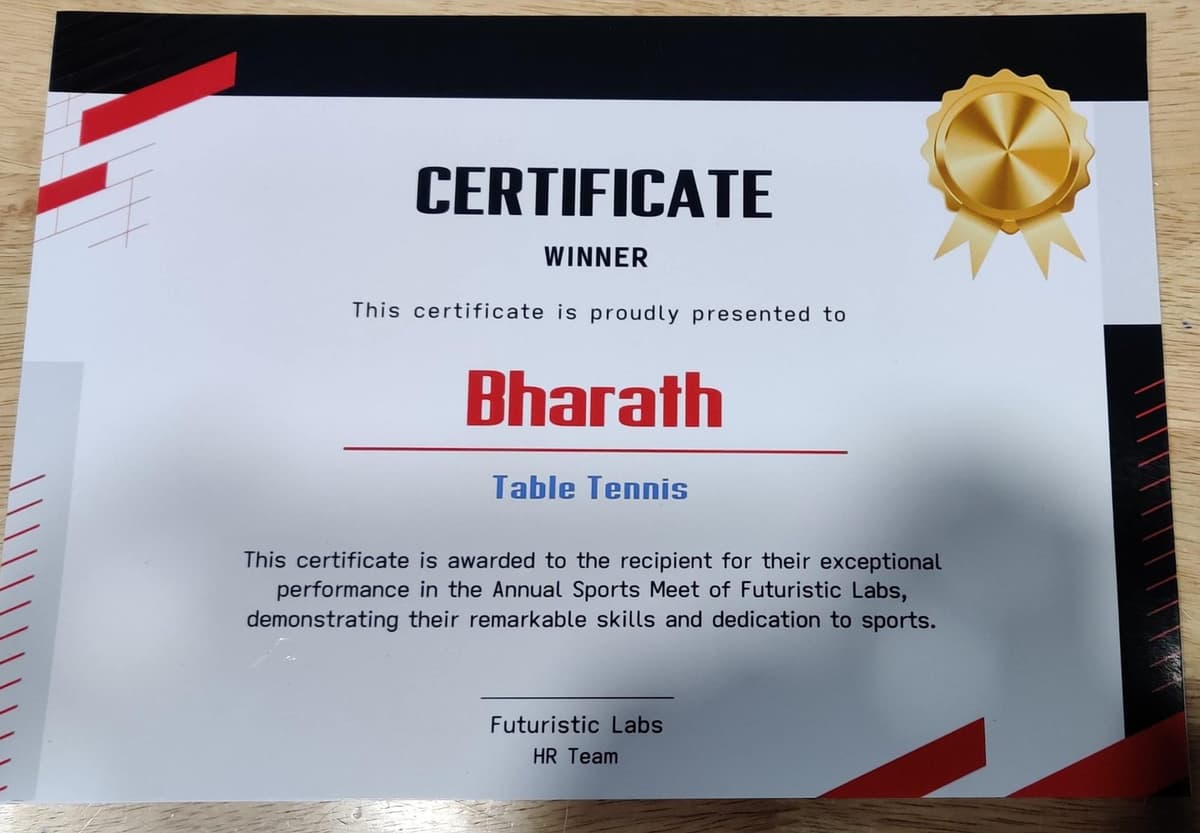 Table tennis winner certificate